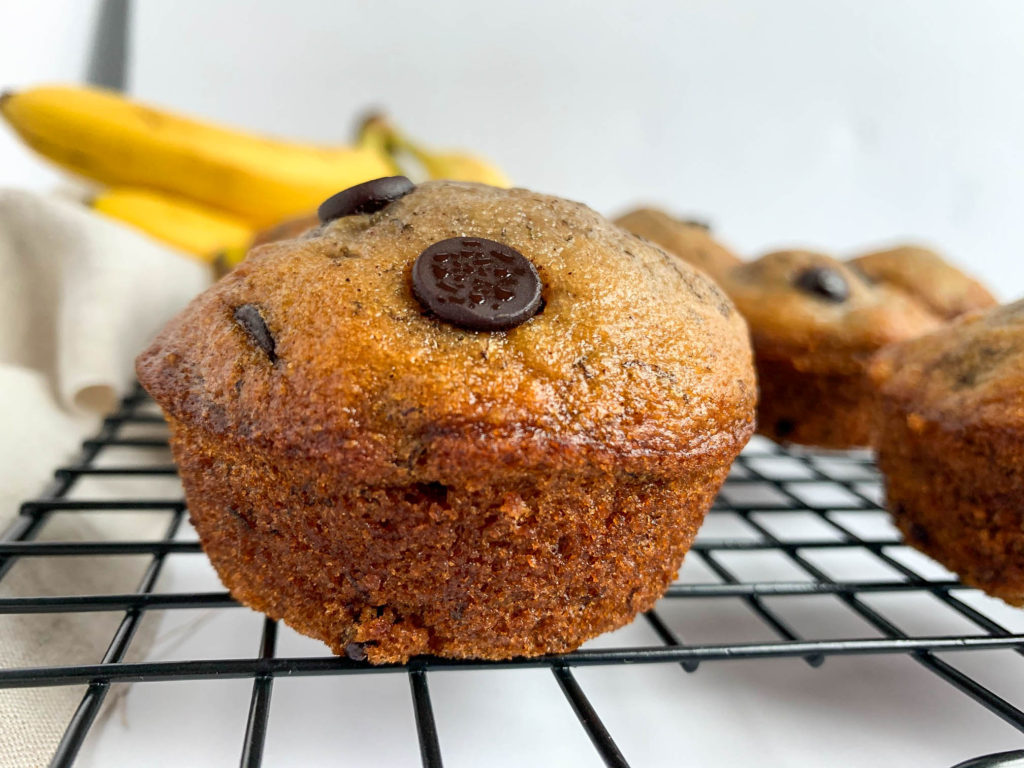 Chocolate Chip Banana Muffins on cooling rack.