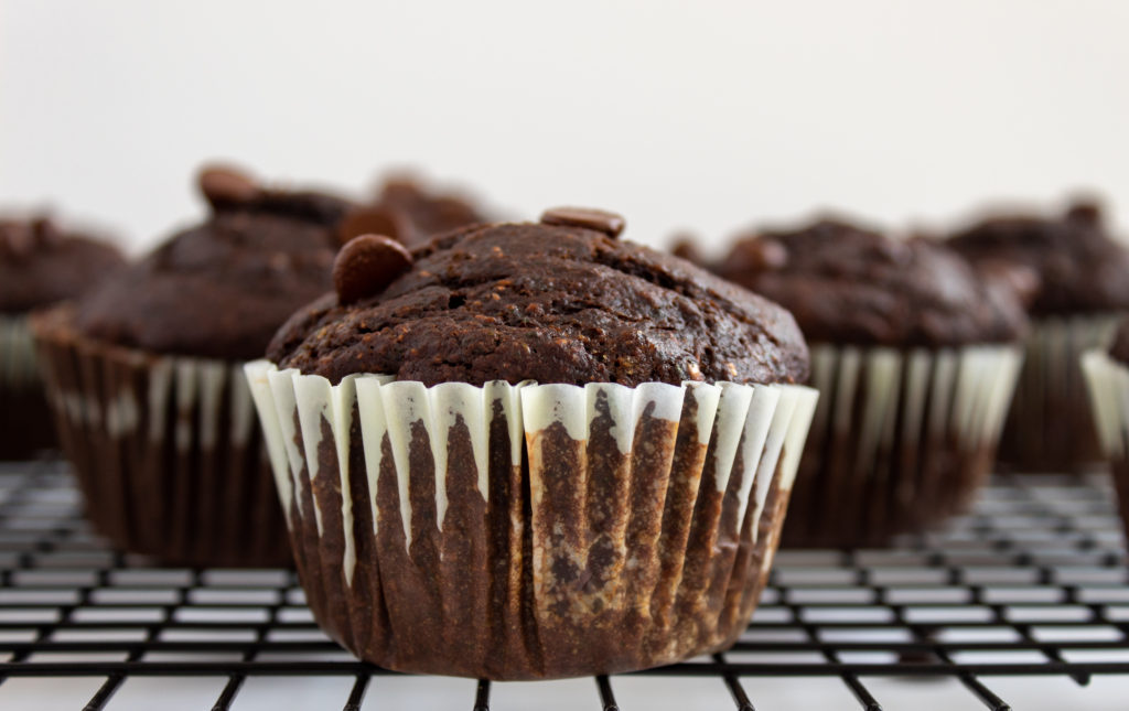 Skinny Double Chocolate Muffins on wire cooling rack.