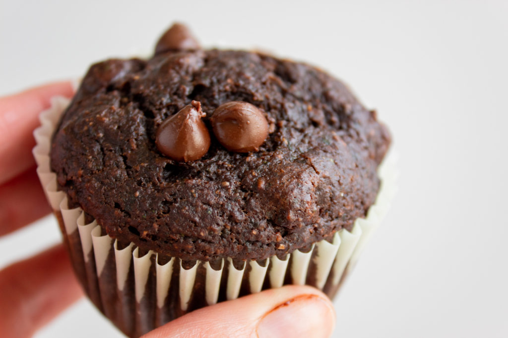 Skinny Double Chocolate Muffins held in hand.