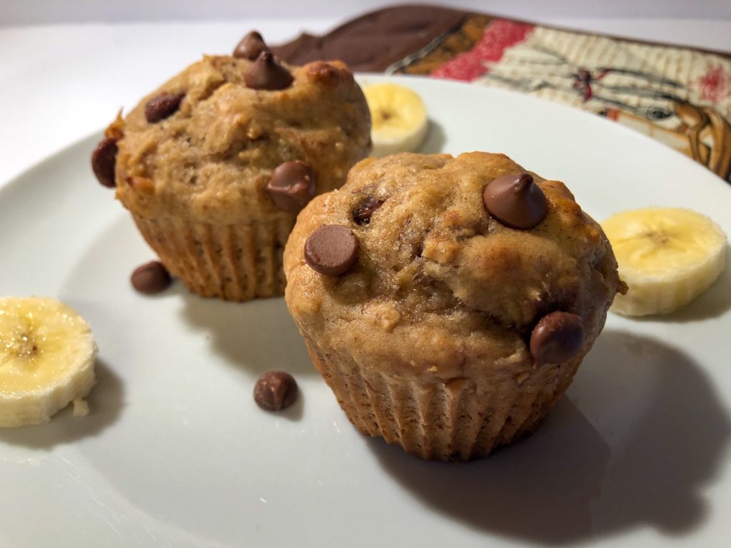 peanut butter muffins with chocolate chips and sliced banana