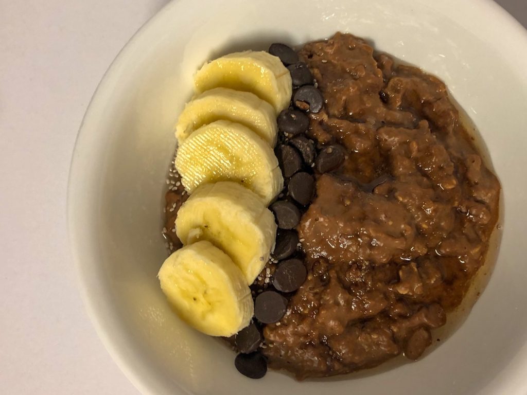 mocha oatmeal with banana, chia seeds, and chocolate chips