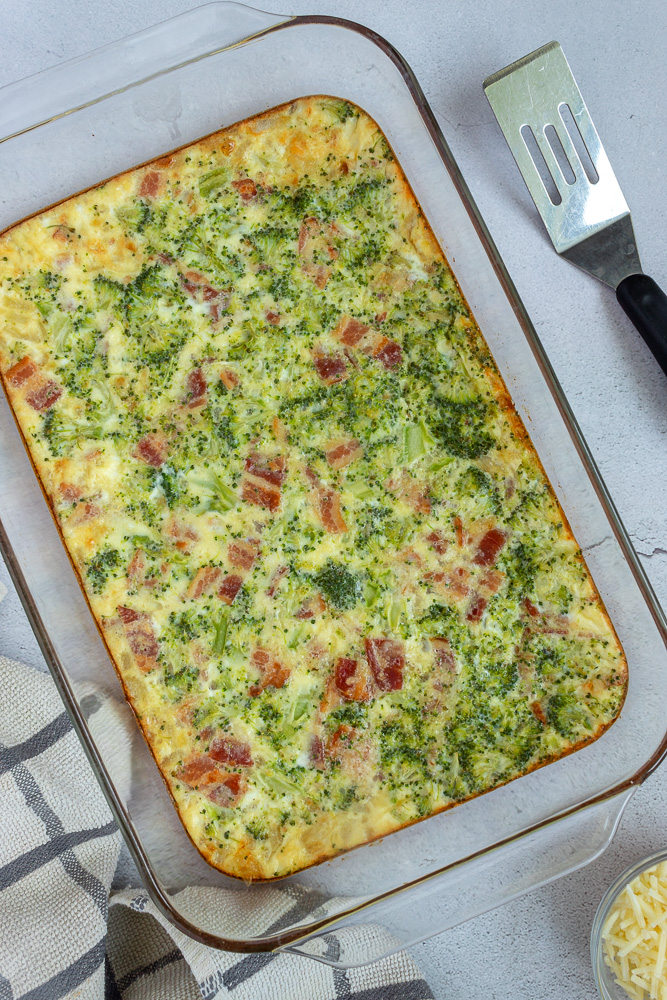 Overhead shot of Bacon, broccoli and cheese egg bake in casserole dish