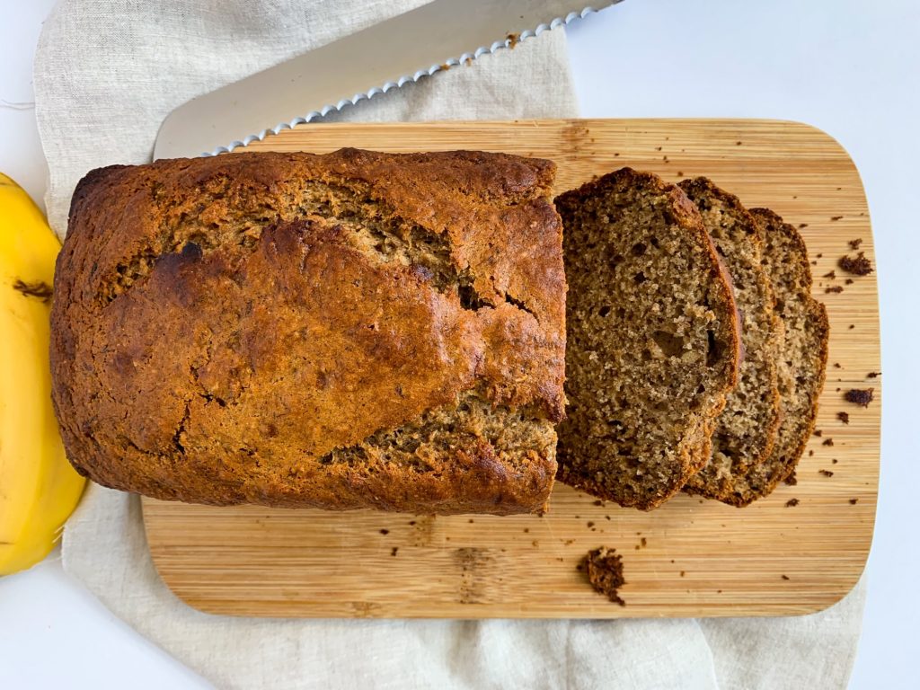 Healthy Banana bread on cutting board.