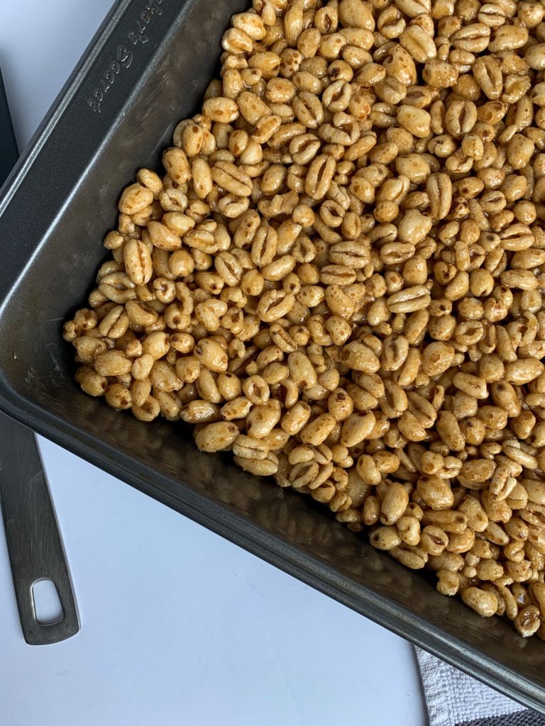 Puffed Wheat Squares in pan. 