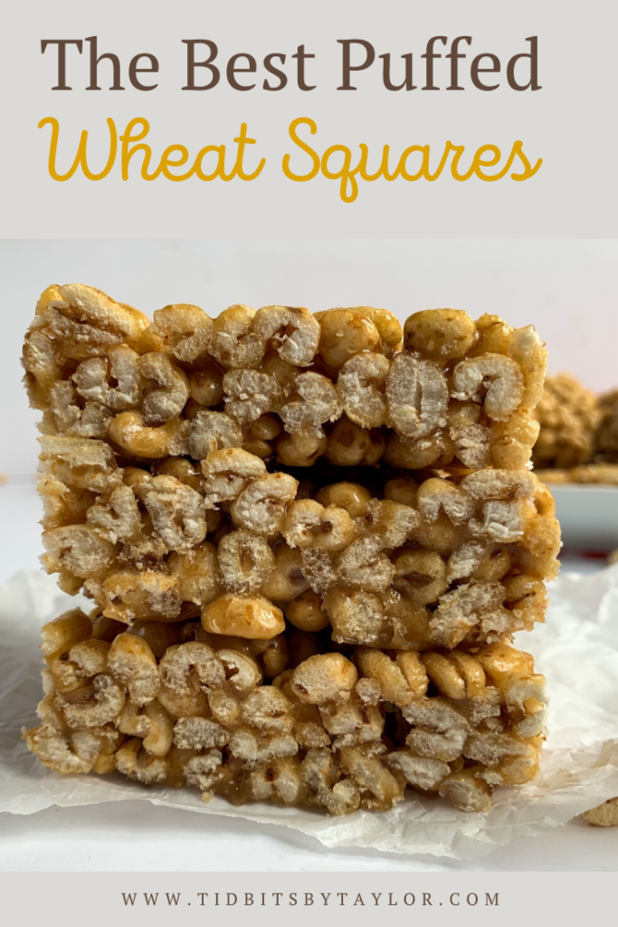 Puffed Wheat Squares made without cocoa Pinterest image.
