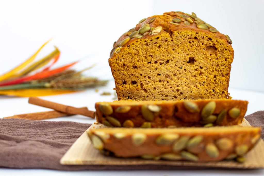 Pumpkin bread straight on shot.