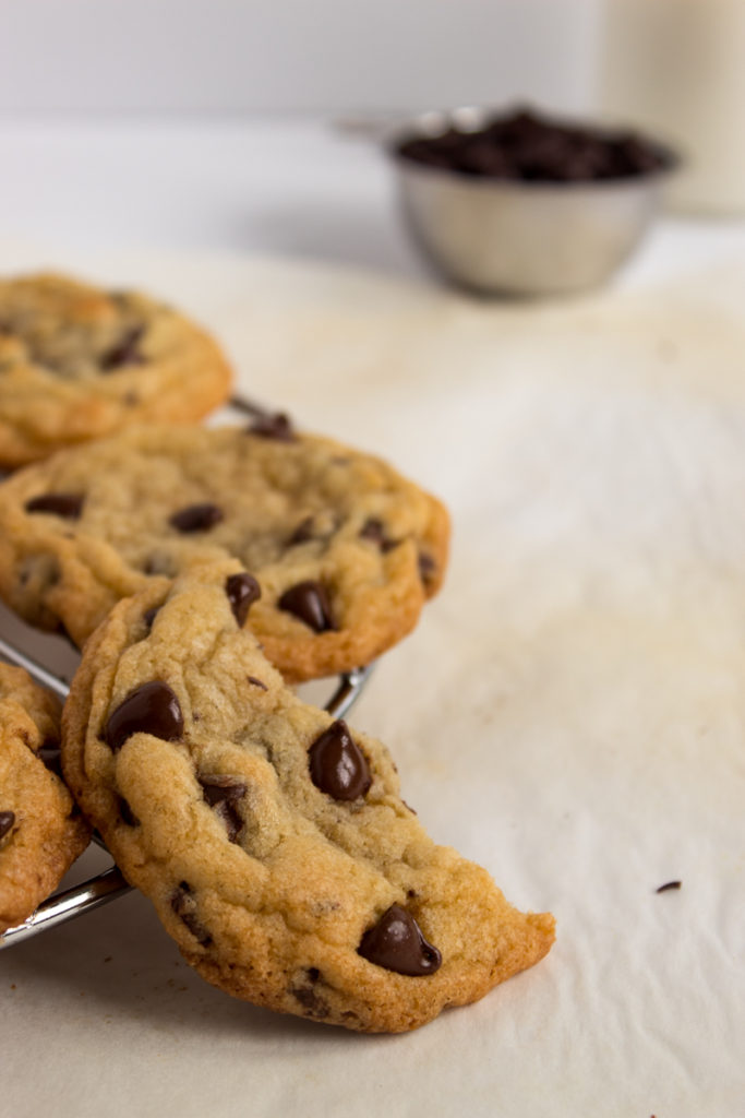 Chocolate chip cookies are golden on the outside, soft and chewy on the inside.