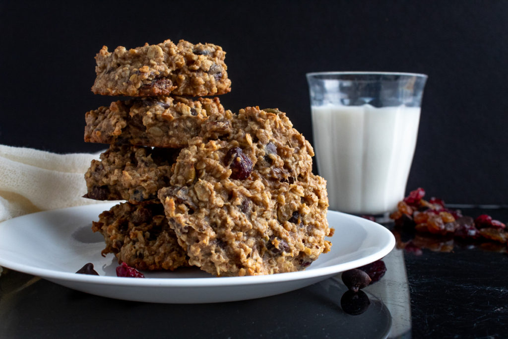 Healthy Breakfast cookies stacked on plated straight shot.