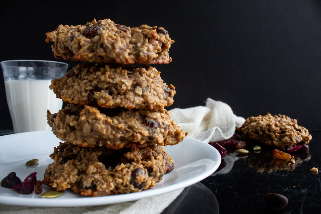 Stack of Healthy Oatmeal Breakfast Cookies stacked on plate.