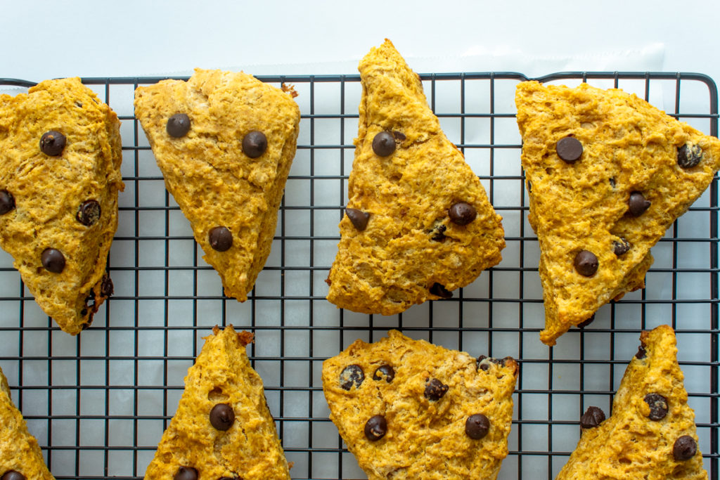 Pumpkin Chocolate Chip Scones on wire rack