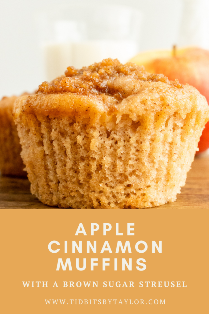 Apple Cinnamon Muffins with a brown sugar streusel Pinterest image. Click to pin.