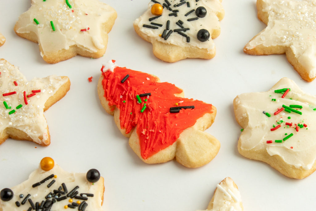 Lemon Cut-out Sugar Cookies on white board angle shot