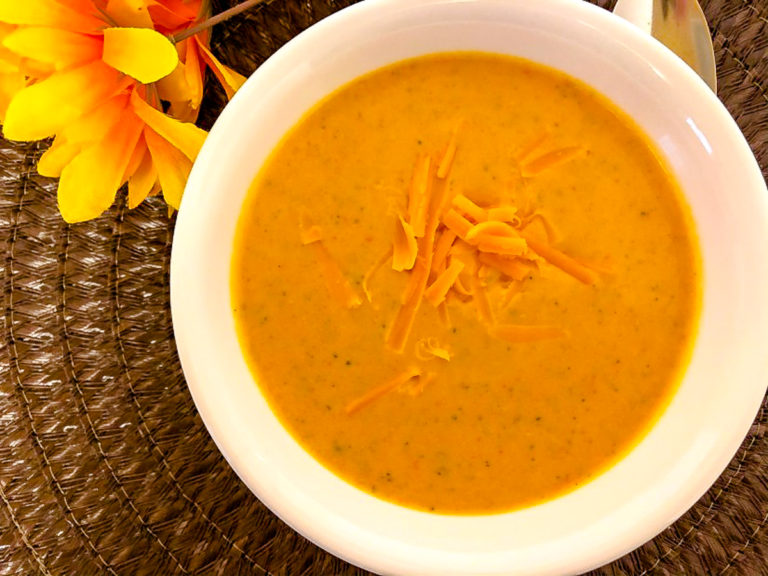 broccoli cheddar soup in bowl overhead shot