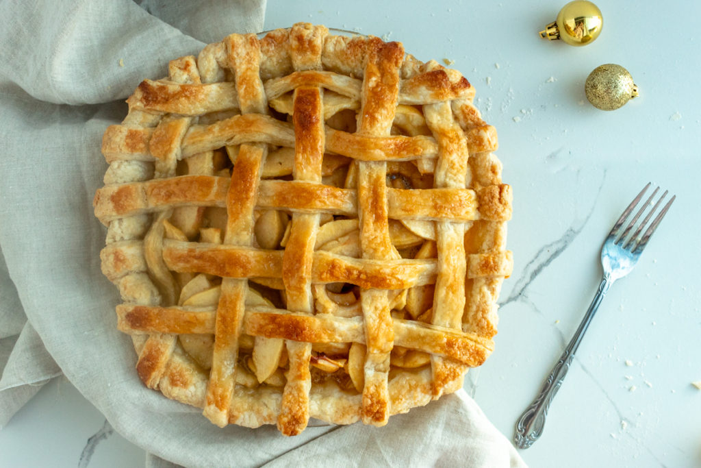 Overhead shot of lattice pie crust.