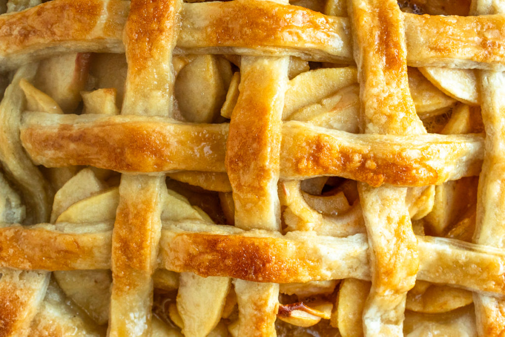 Close up of baked lattice pie crust.