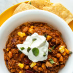 slow cooker chilli in bowl overhead shot