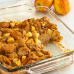 Apple Cinnamon French toast casserole with apples in background