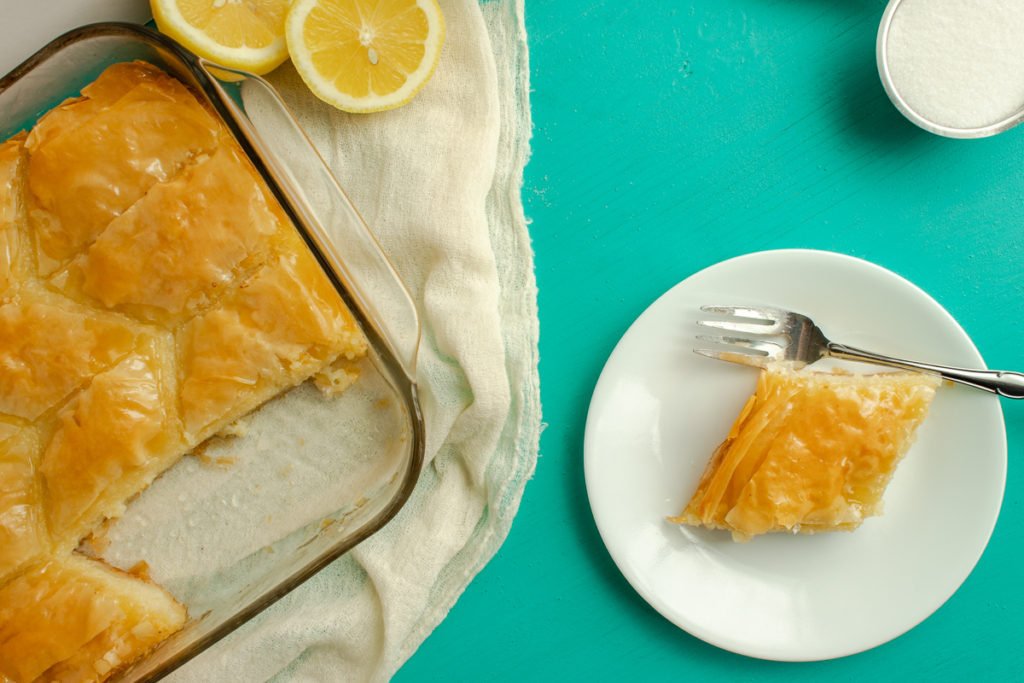 Wheatlet cake with phyllo flat lay.