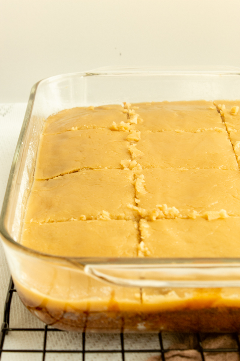 Elvis presley spice cake with brown sugar frosting in cake pan angled shot.