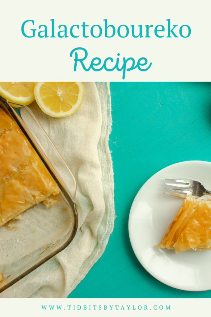 Galactoboureko recipe: Wheatlet cake with phyllo Pinterest image. Click to pin.