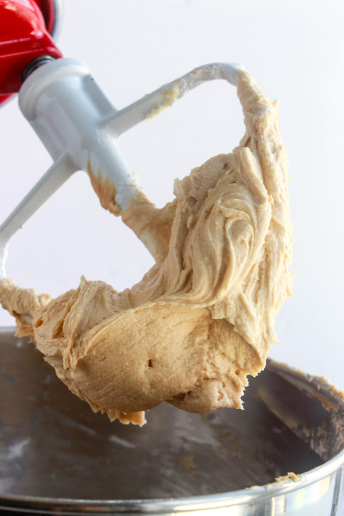 peanut butter frosting on kitchenmaid mixer.