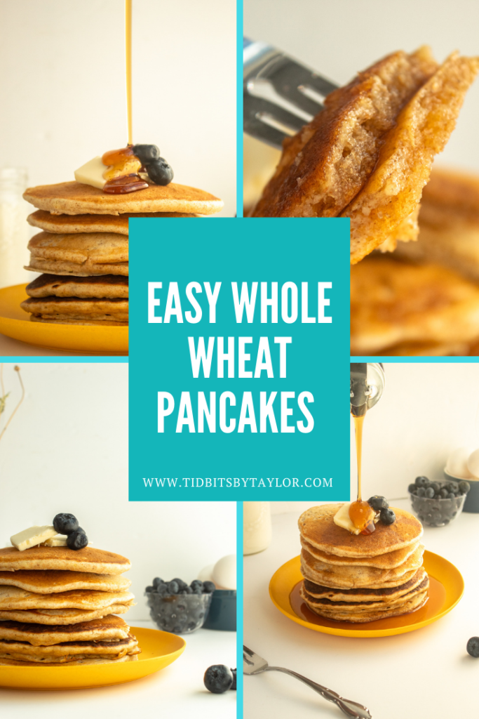 Easy Whole Wheat Pancakes Pinterest image. Click to pin.