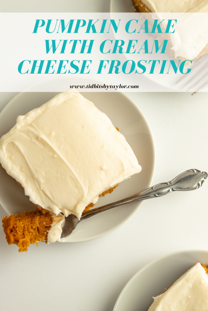 Pumpkin Cake with Cream Cheese Frosting Pinterest image. Click to pin.