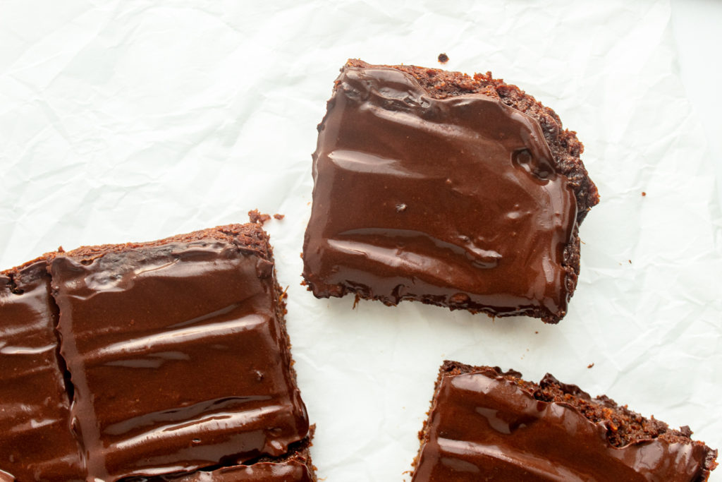 Sweet Potato Brownies cut up in squares overhead shot.