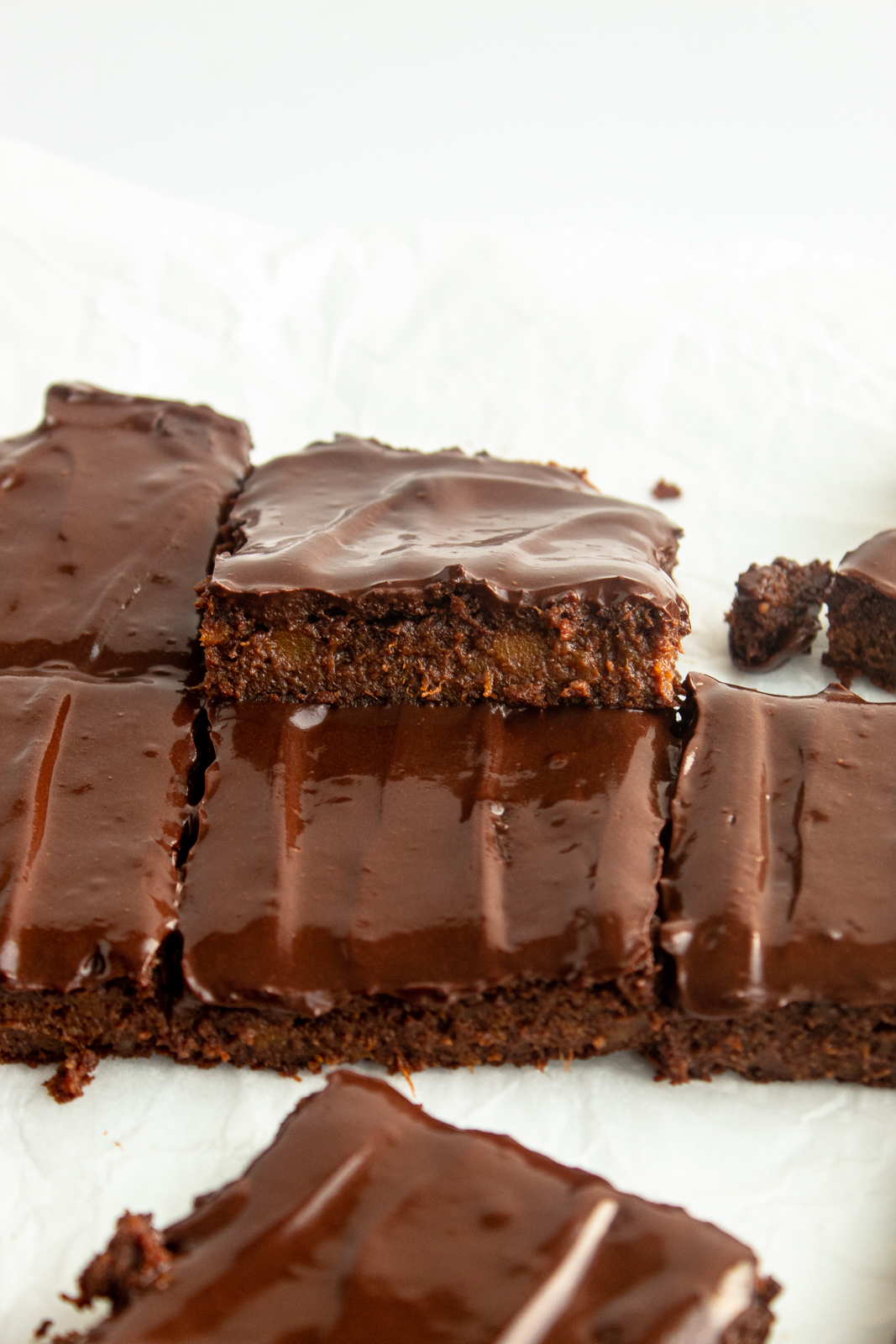 Sweet Potato Brownies angled shot on white background.