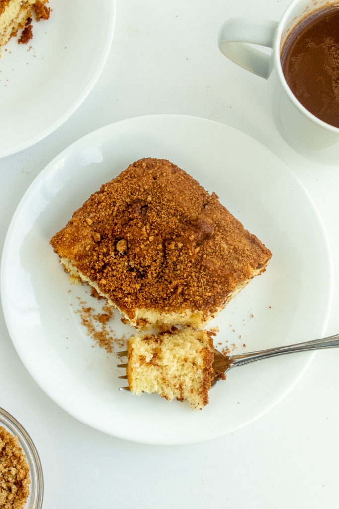 Moist Coffee Cake on plate with fork overhead shot.