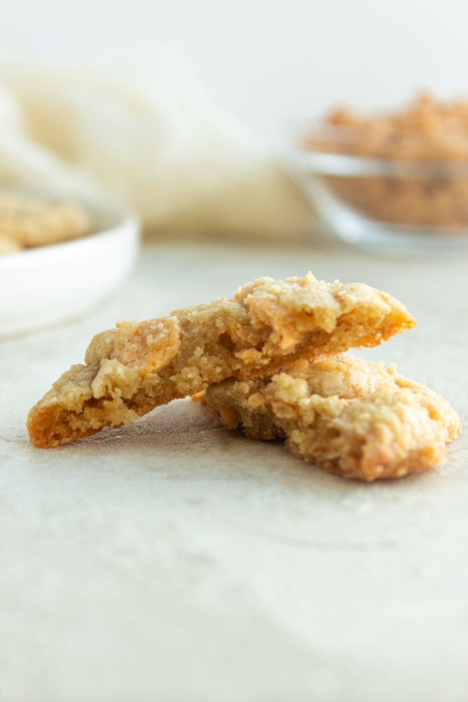 Chewy Butterscotch Cookie in half straight on shot.