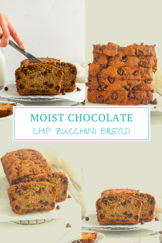 Moist chocolate chip zucchini bread Pinterest image. Click to pin.