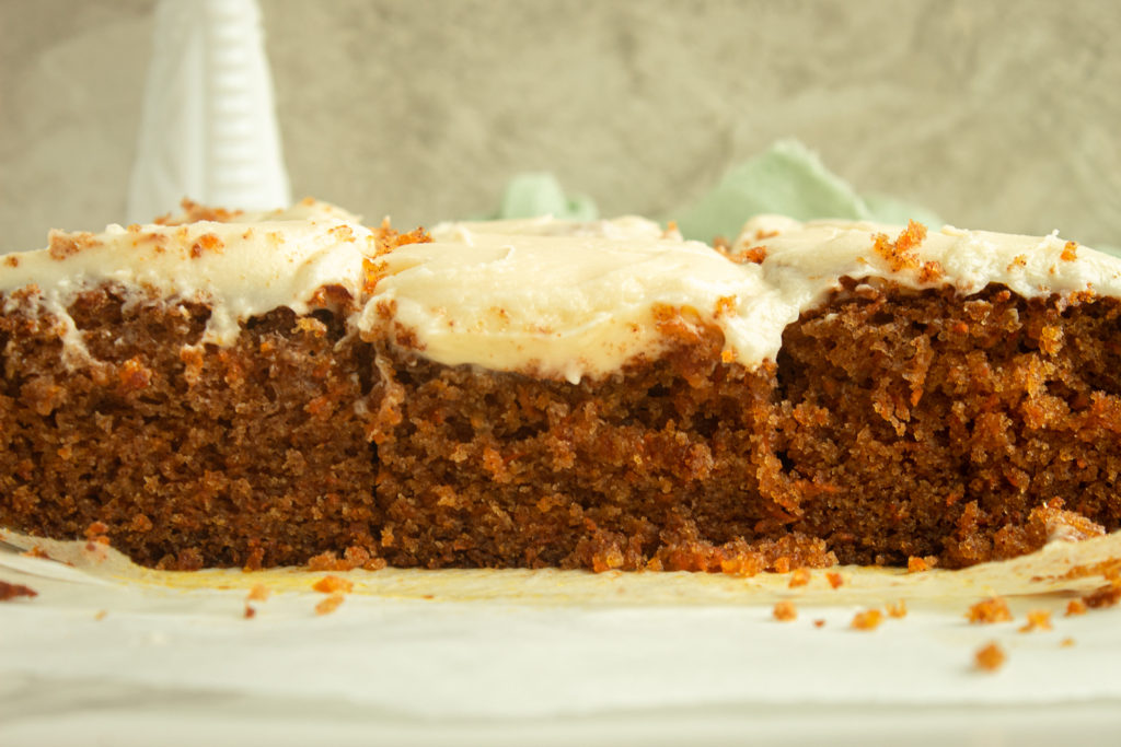 Easy carrot sheet cake closeup straight on shot.