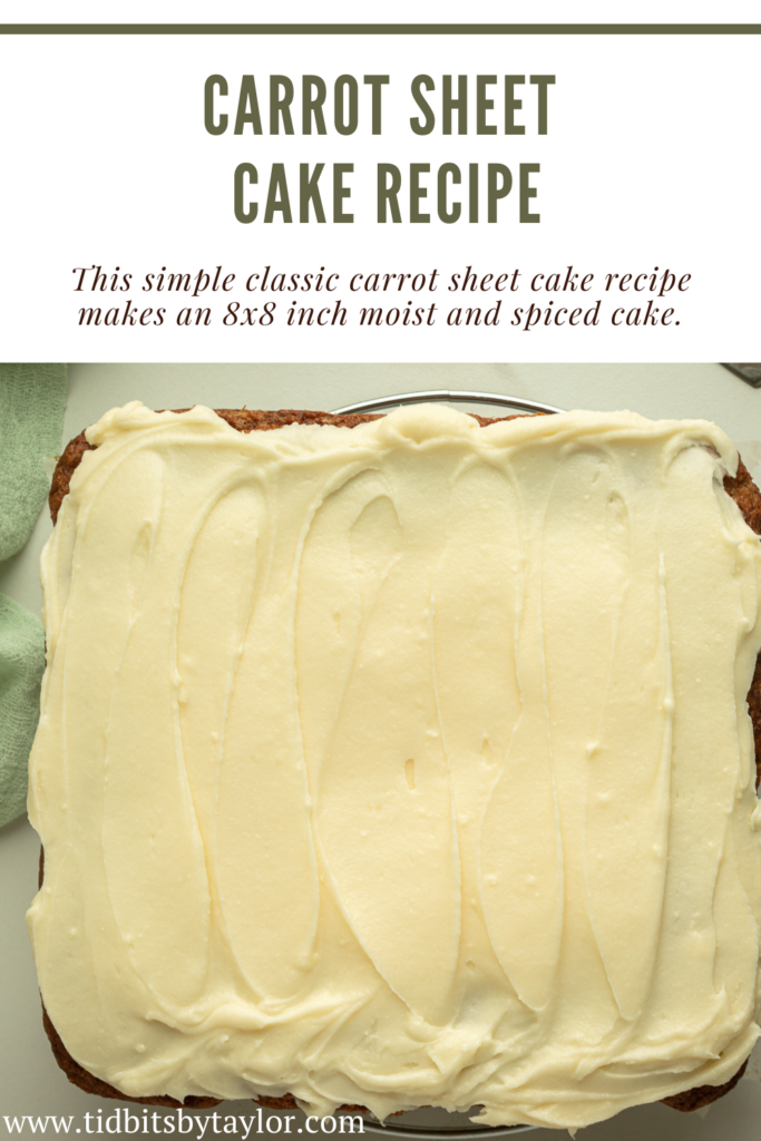 Carrot Sheet cake recipe Pinterest image. Click to pin. 