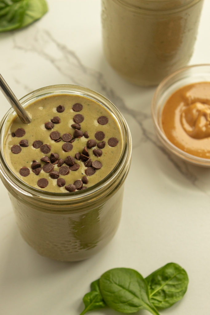 Angled shot of Chocolate Protein Green Smoothie.