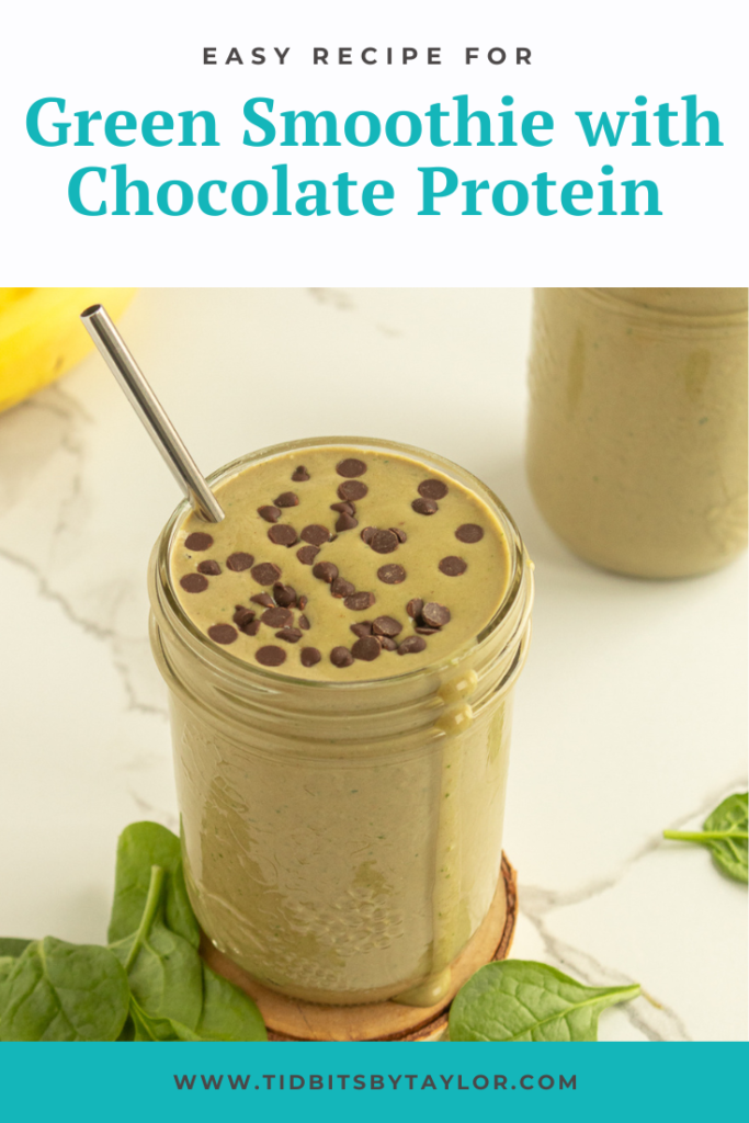 Chocolate protein green smoothie Pinterest image. Click to pin.