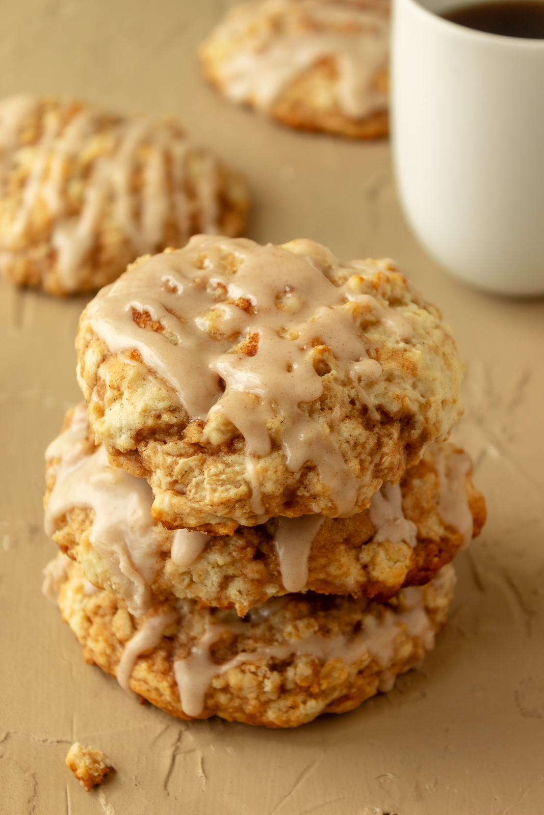 Cinnamon Bun Scones stacked on top of each other angled shot.