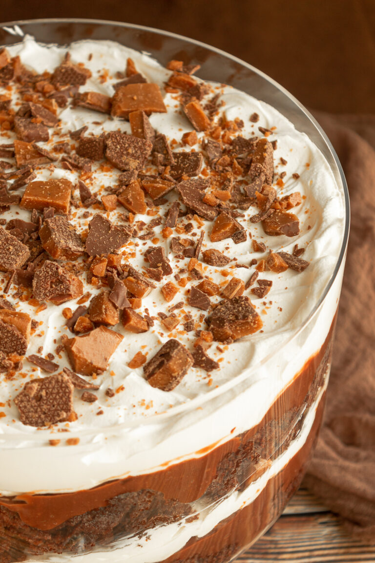 Death by Chocolate Trifle with Skor angled shot in trifle bowl.