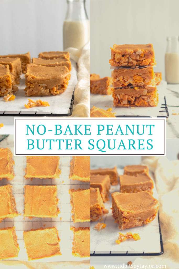 No-bake peanut butter squares Pinterest image. Click to pin.