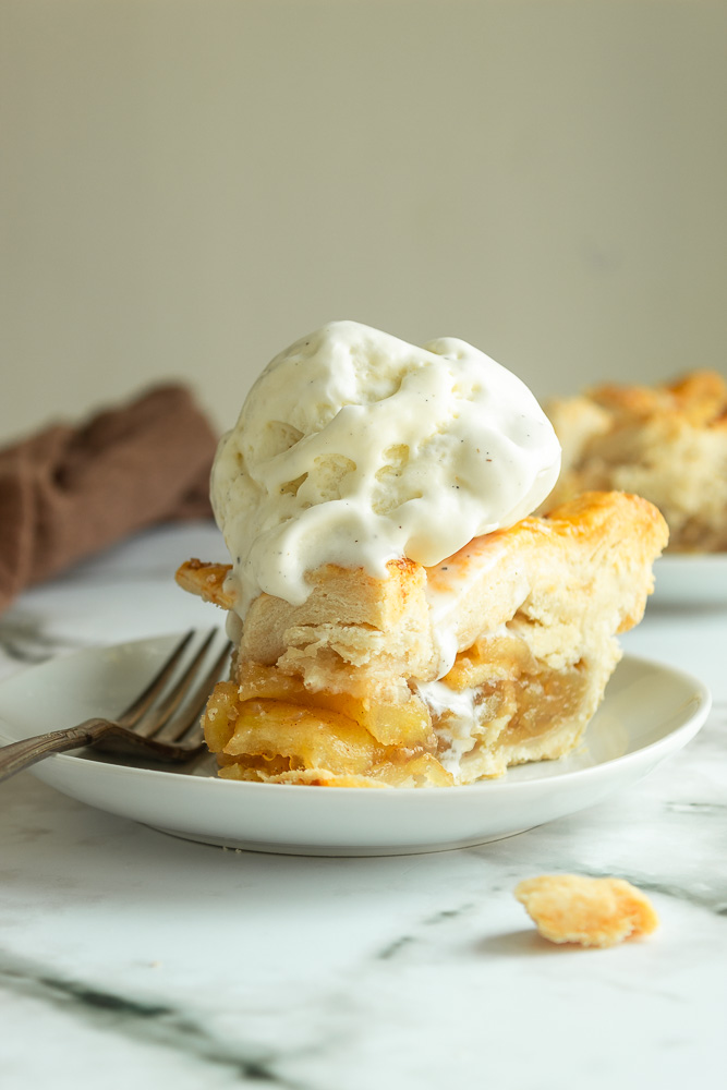 Apple Pie with ice cream on plate with fork straight shot.