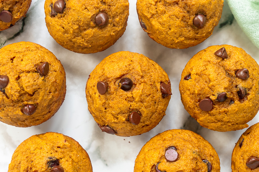 Overhead shot of Pumpkin chocolate chip muffins