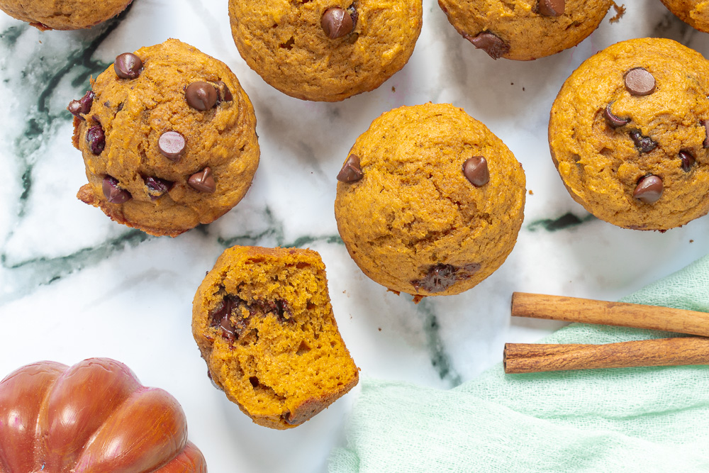 Overhead shot of Pumpkin chocolate chip muffins.