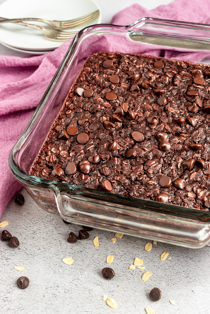 Angled shot of Brownie Baked Oatmeal in pan.