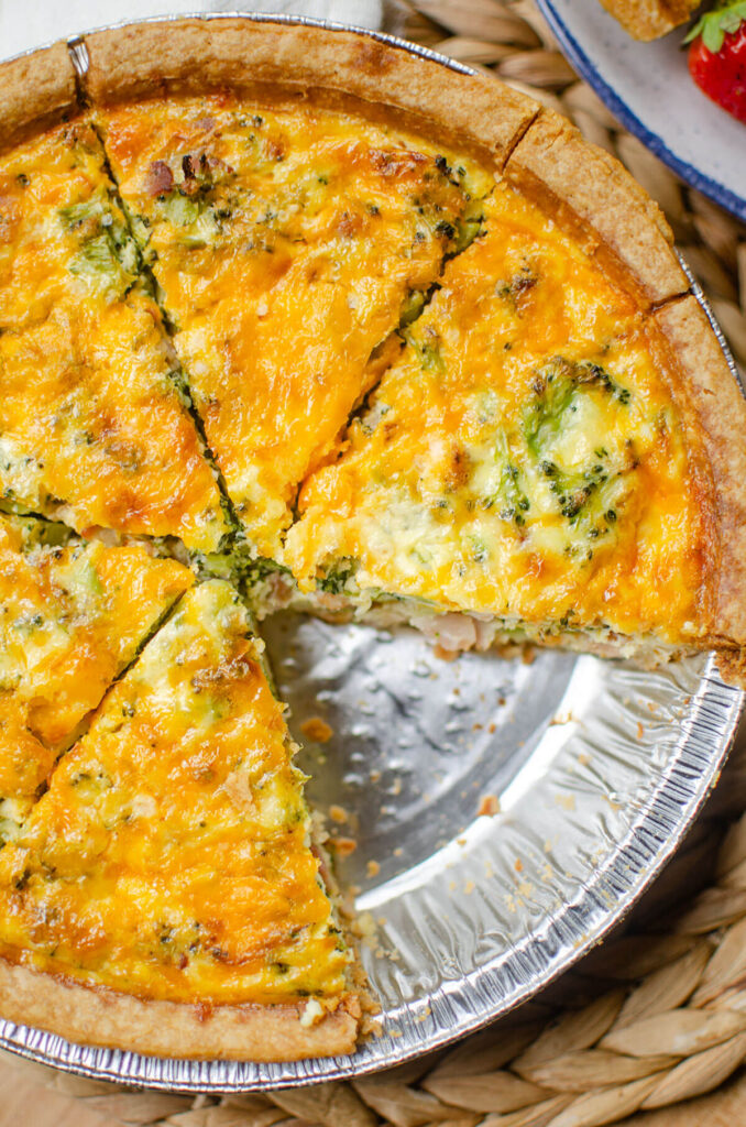 Bacon egg quiche in foil pan.