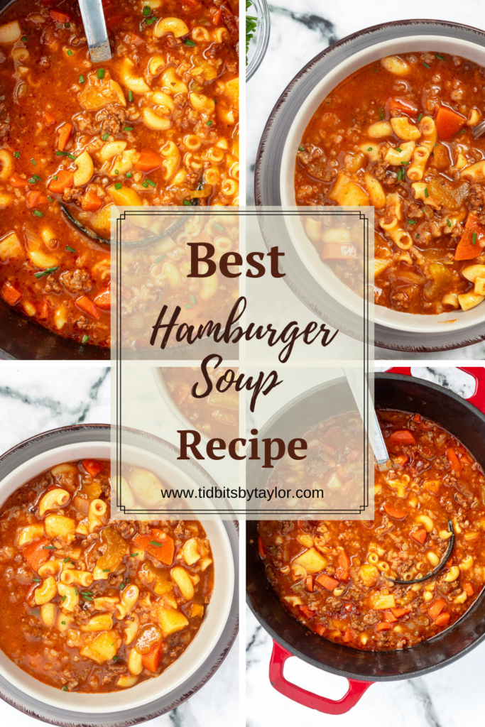 Best hamburger soup recipe pinterest image. Collage of four photos of hamburger soup.