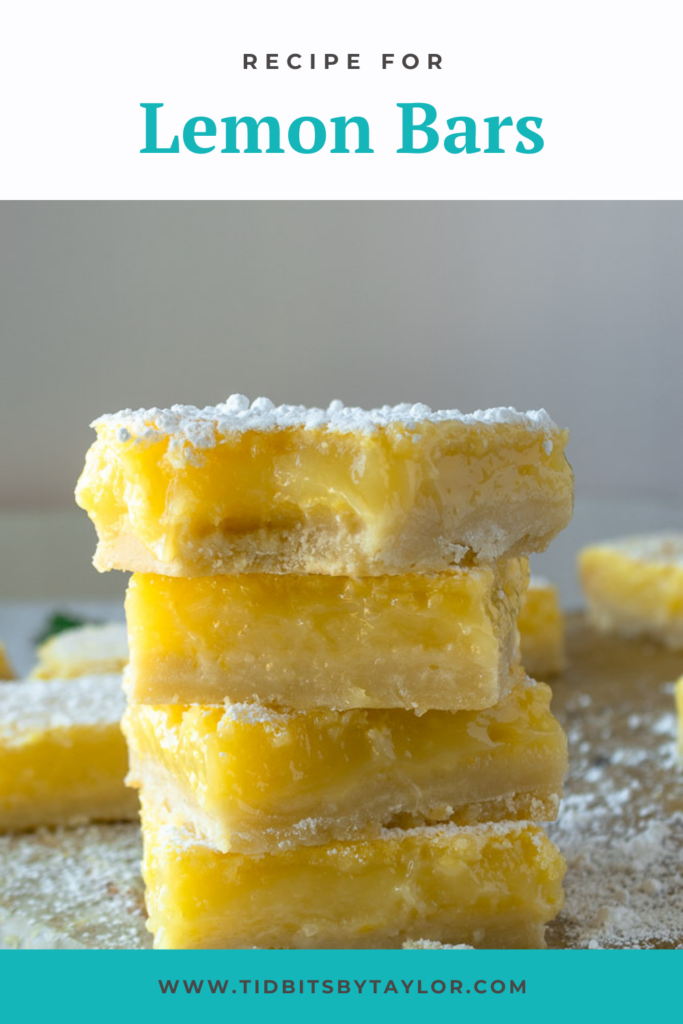 Pinterest image recipe for lemon bars with photo of lemon bars stacked on top of eachother.