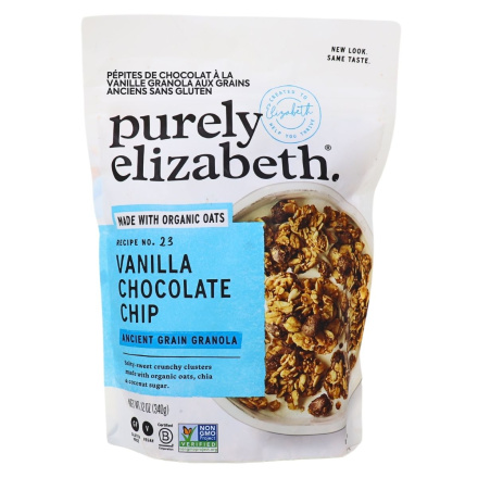 Purely Elizabeth vanilla chocolate chip ancient grain granola bag.