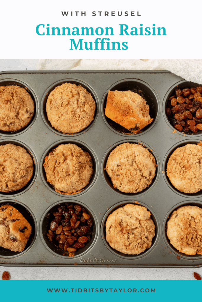 Cinnamon Raisin Muffins with streusel pinterest image. Click to pin.