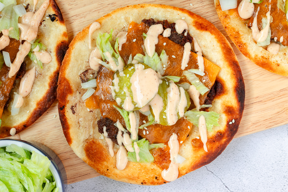 Overhead closeup shot of smash burger tortillas.