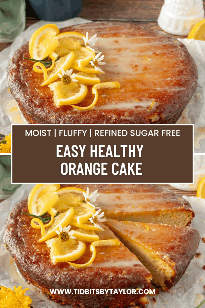 Easy healthy orange cake pinterest image. Click to pin.